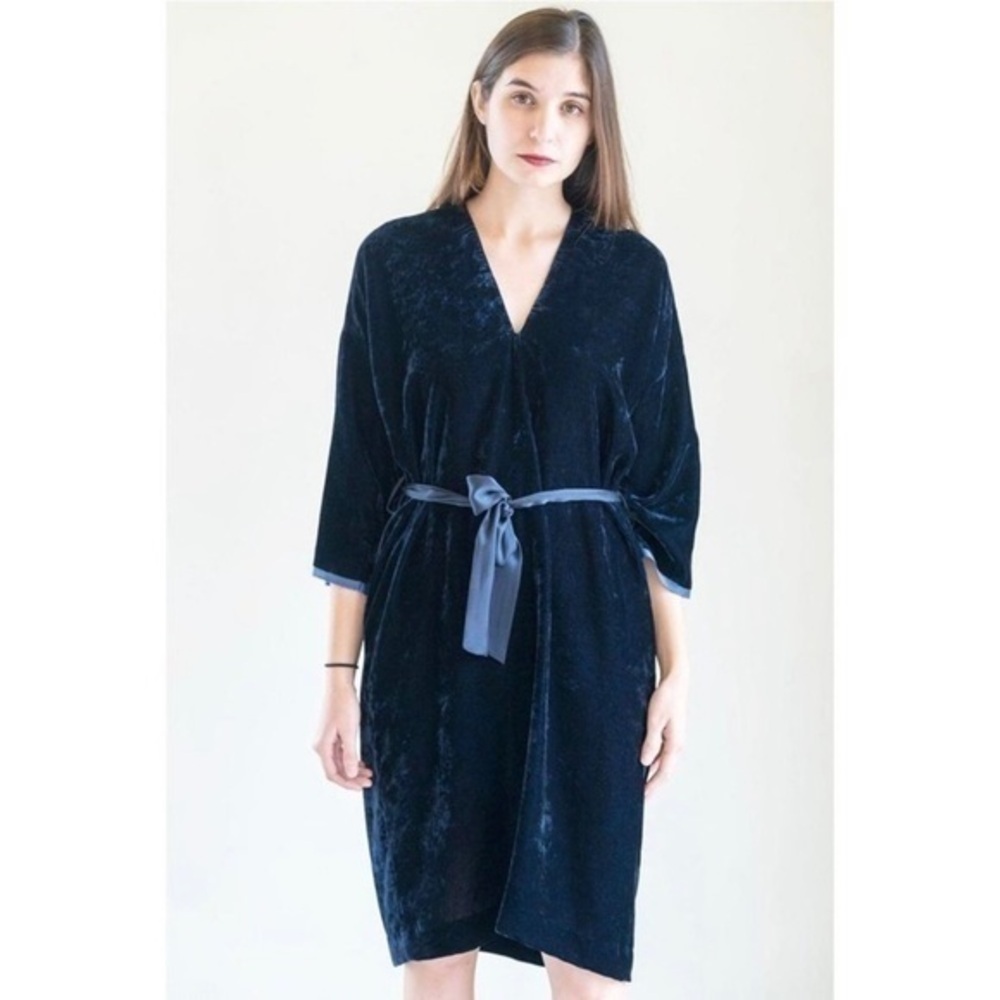 Nili Lotan Navy Blue Oversized Kimono Sleeve Belted Velvet Rochelle Midi Dress